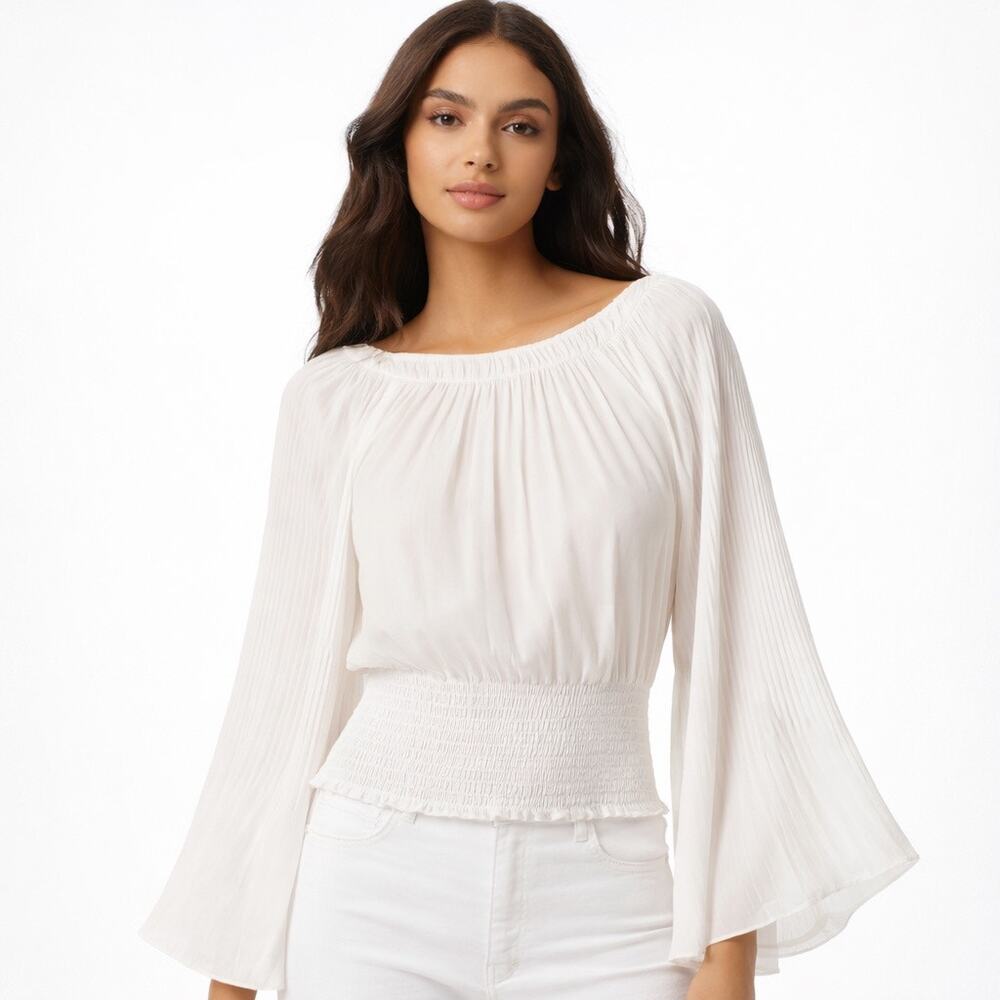 Ramy Brook Candace Top Bell Sleeve Ivory Smocked Etherial Angel Bridal XS NWT